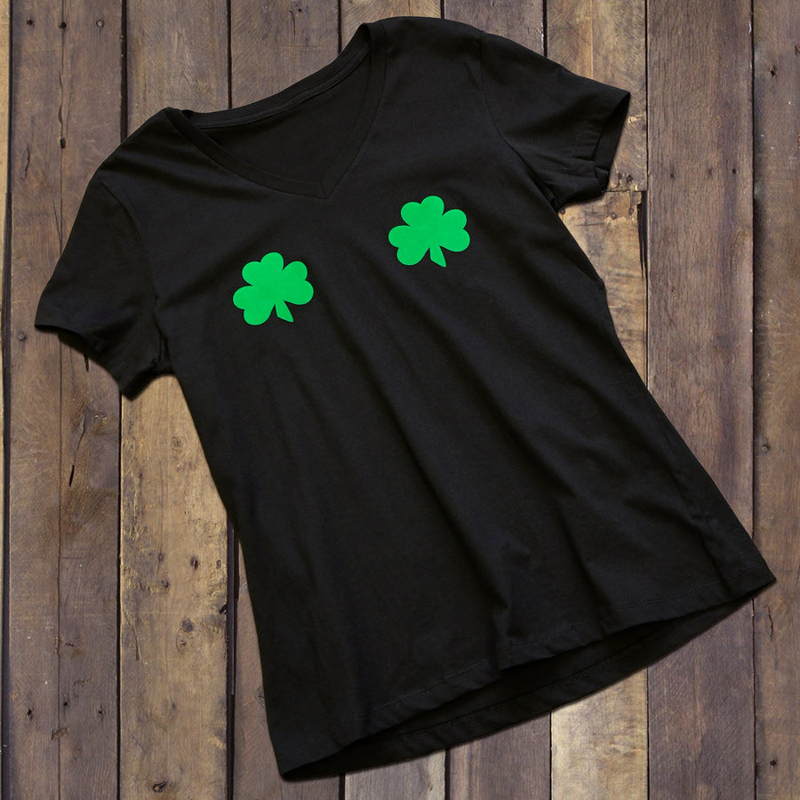 Lucky Green Shamrocks Black V-Neck Boobies T-Shirt