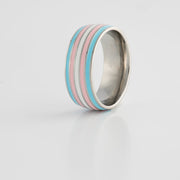 Trans Pride Stainless Steel Ring featuring transgender flag colors in 8mm comfort band side view