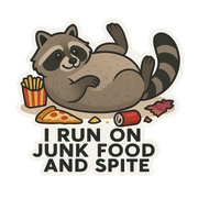 "I Run on Junk Food and Spite" Funny Raccoon Sticker
