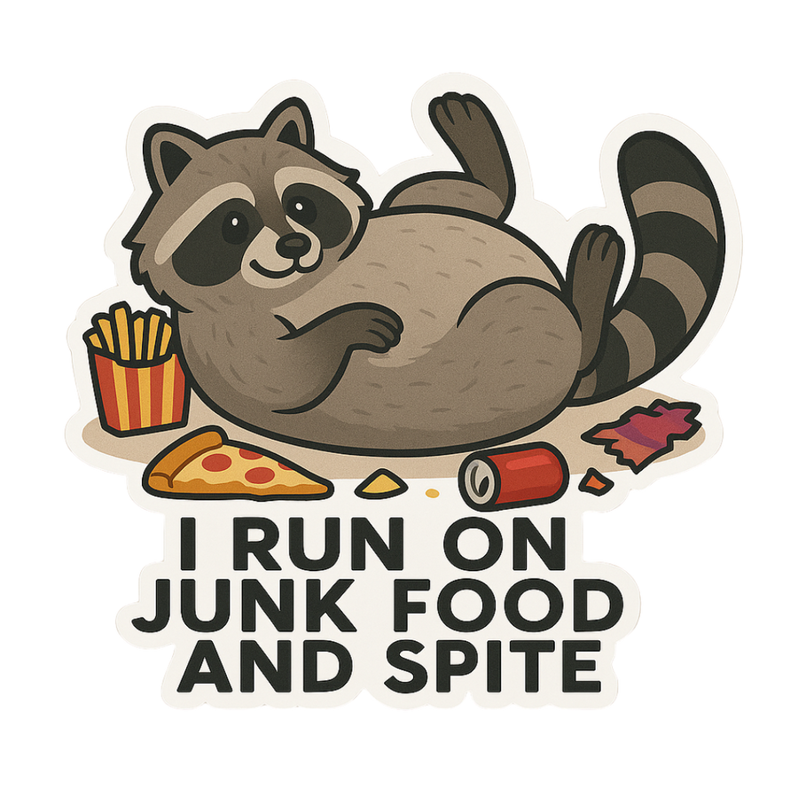 "I Run on Junk Food and Spite" Funny Raccoon Sticker