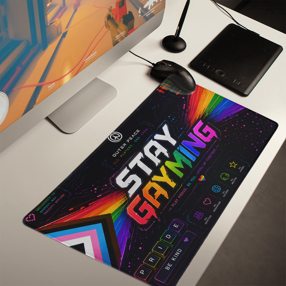 Stay Gayming Progress Pride Gaming Mat | LGBTQ+ Gamer Desk Mat | Rainbow Pride Mouse Pad | Queer Gaming Gift