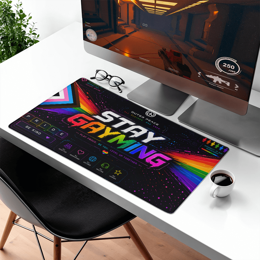 Stay Gayming Progress Pride Gaming Mat | LGBTQ+ Gamer Desk Mat | Rainbow Pride Mouse Pad | Queer Gaming Gift