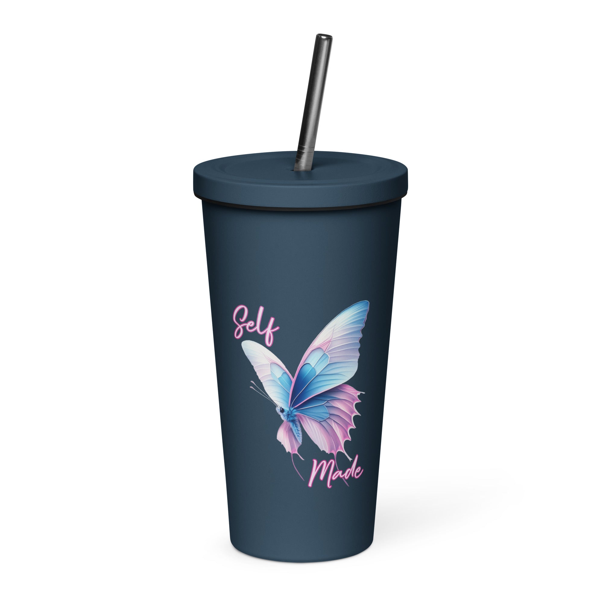 Self Made Trans Butterfly Insulated tumbler with a straw