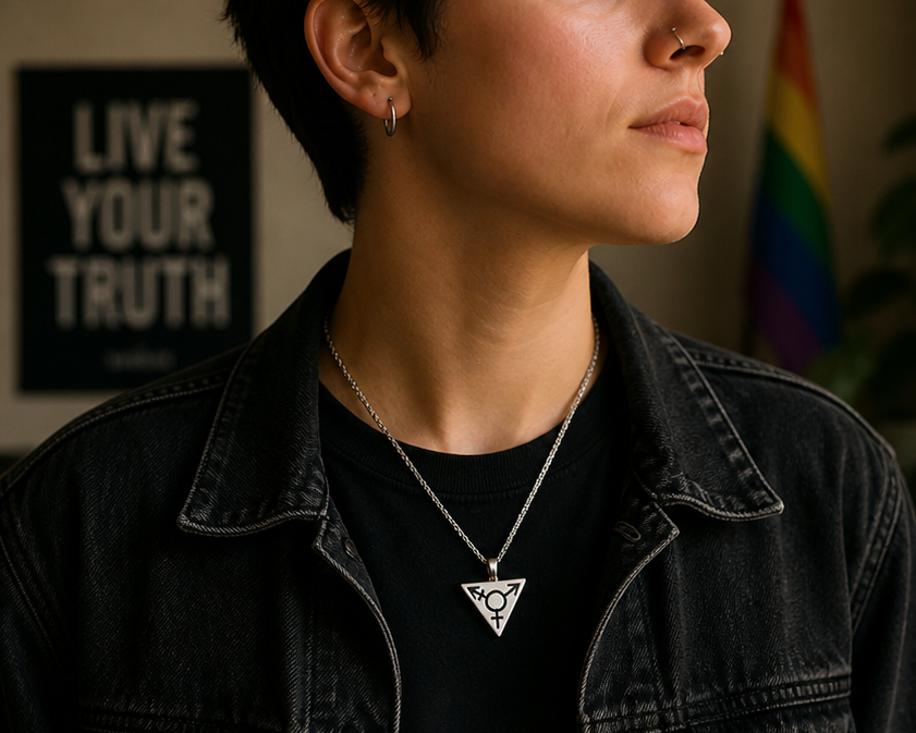Trans Pride Triangle Pendant Necklace – Stainless Steel or Adjustable Cord | “Live Your Truth” Engraved