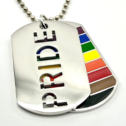 Philadelphia Pride double dog tag necklace with "PRIDE" cutout in rainbow, black, and brown on a stainless steel ball chain — Outer Peace Gear